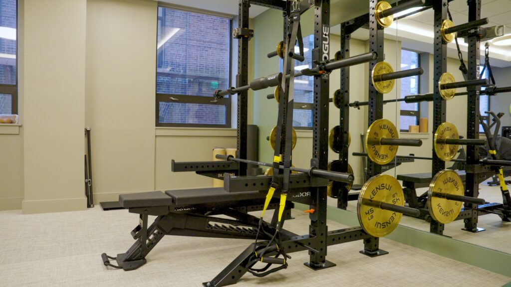 A gym room with a weightlifting rack, gold weight plates, a black adjustable bench, resistance bands, and large mirrors. Windows let in natural light, and the space has neutral-colored walls and carpeted flooring.