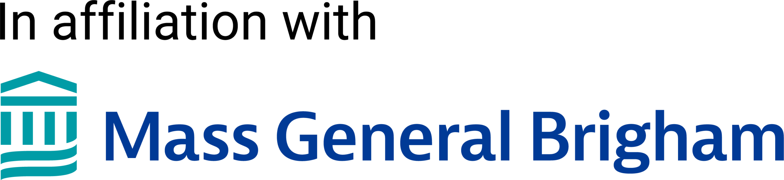 In affiliation with Mass General Brigham logo, featuring a teal geometric building icon and blue text.
