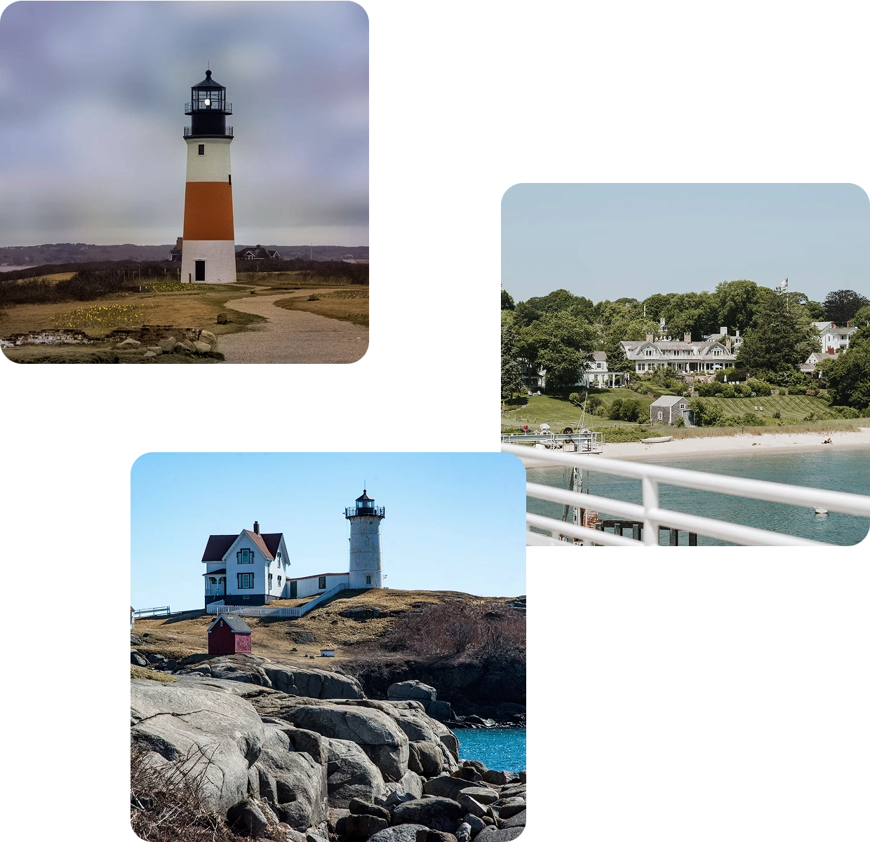 hero-right-island-visits Three coastal scenes: a lighthouse on a sandy path, seaside houses by a beach, and a lighthouse on rocky shores near blue water, all under clear or partly cloudy skies.